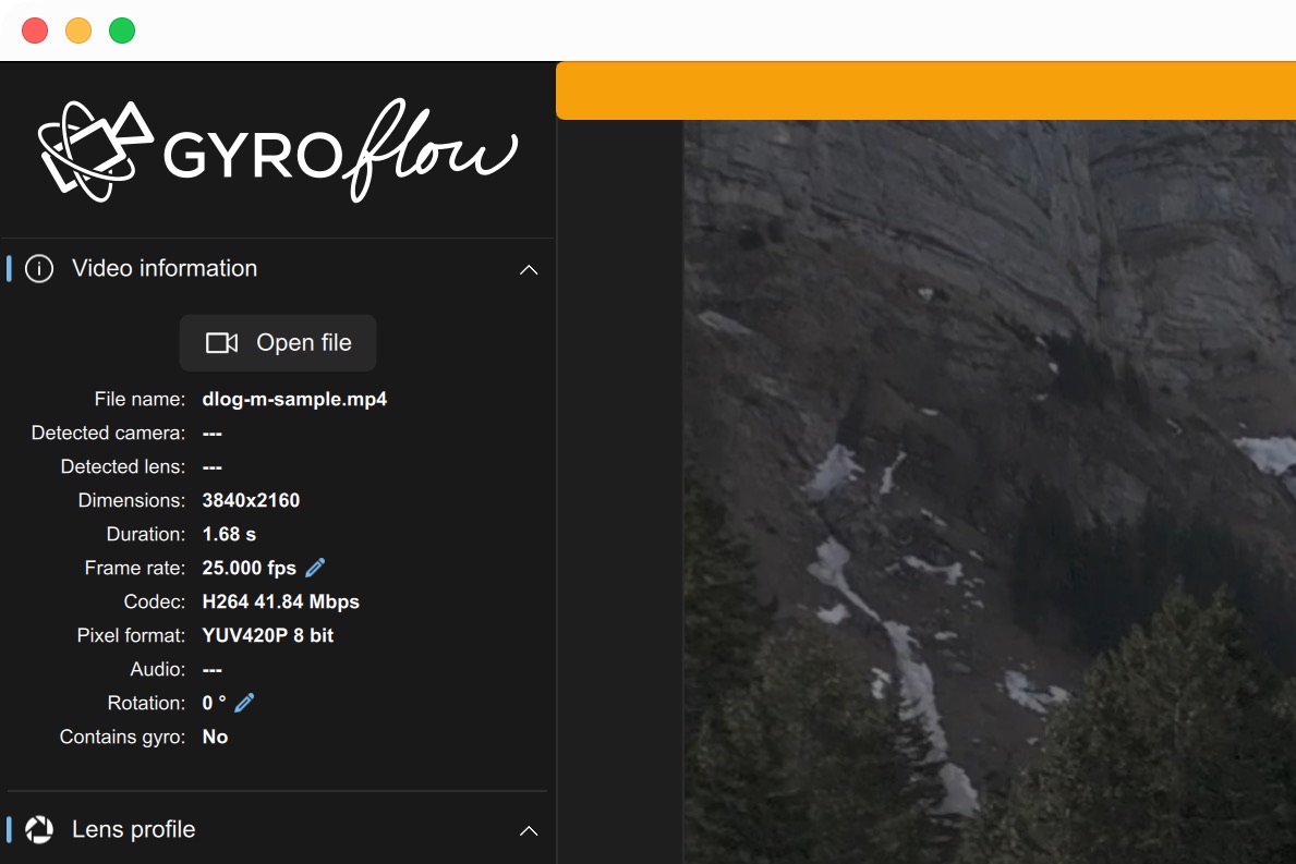 Gyroflow 1.6.3 on a Retina display: the video information panel with very small text.